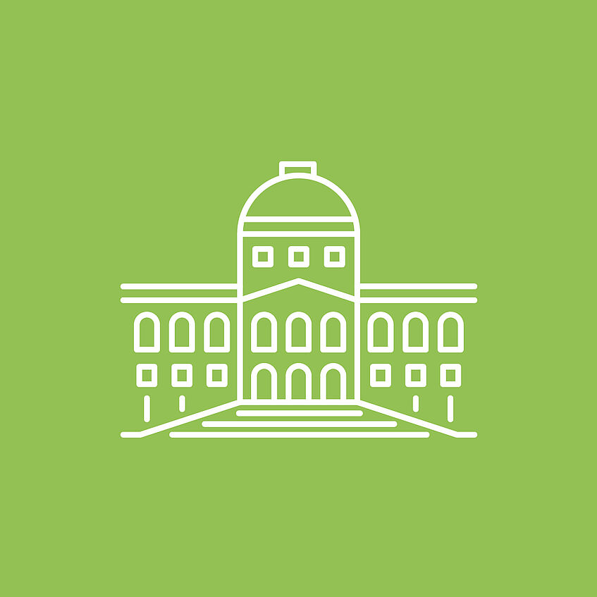 Graphic: Outline of the university building. Green background