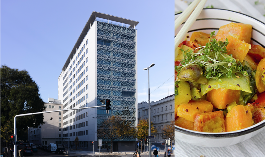 Bild zeigt OMP Gebäude sowie eine warme Mahlzeit (Süskartoffel, Champions und anderes).