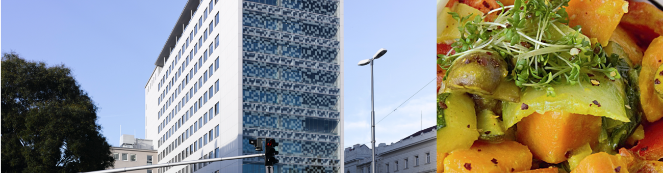 Left side: Oskar-Morgenstern-Platz Building. Right side: Vegan dish.